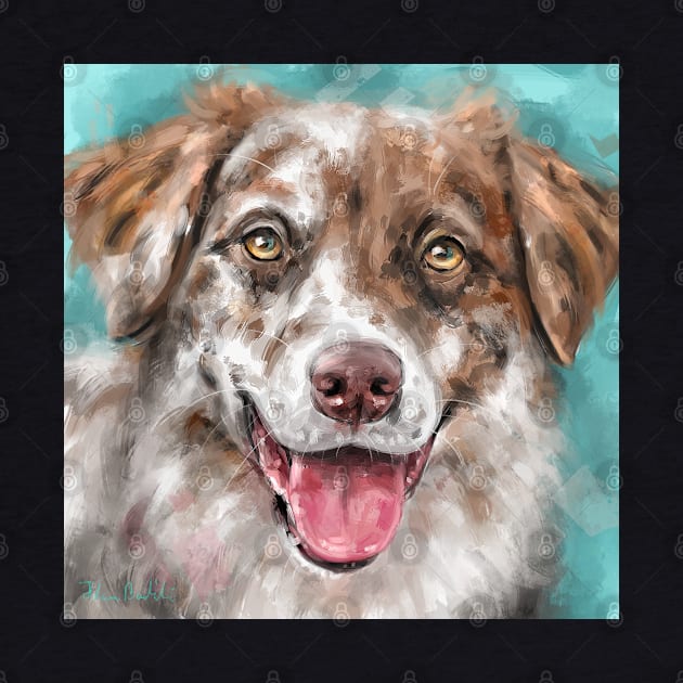 An Expressive Painting of a Brown and White Australian Shepherd Smiling by ibadishi